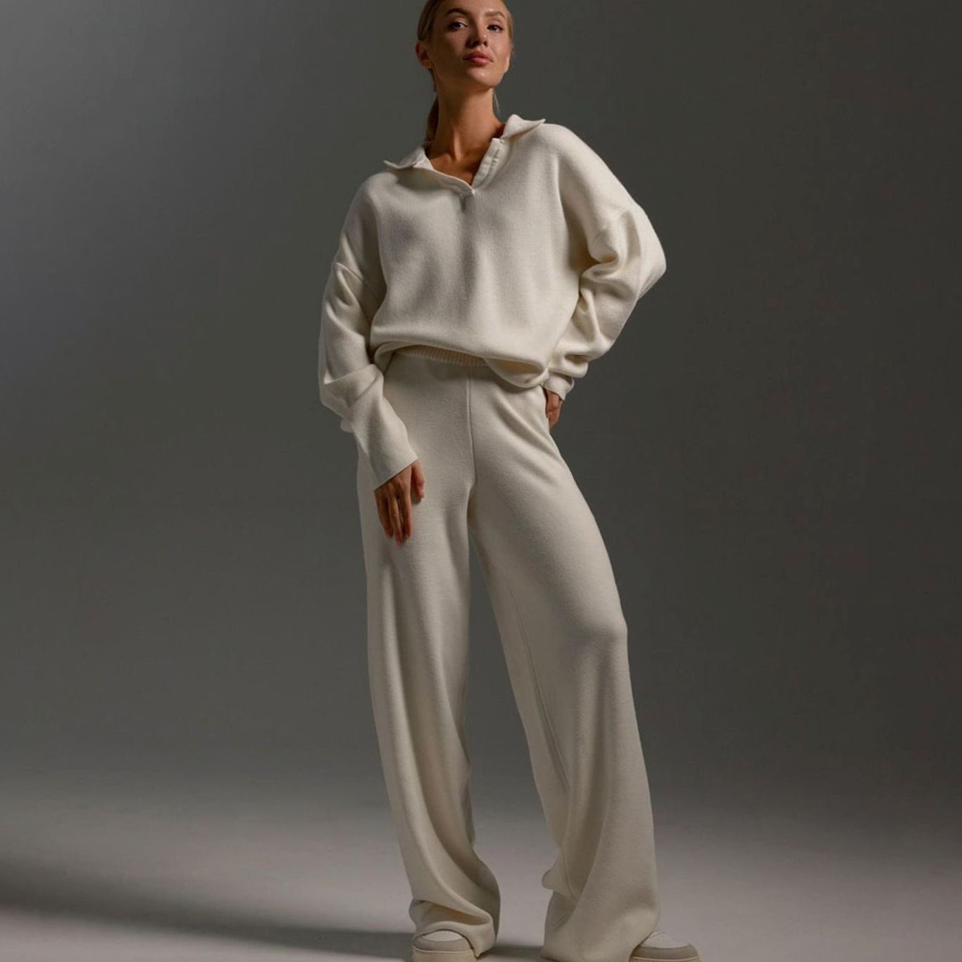 Johanna | Damen Polopullover und Weitbein-Hosen-Set Locker Geschnitten Zweiteilig