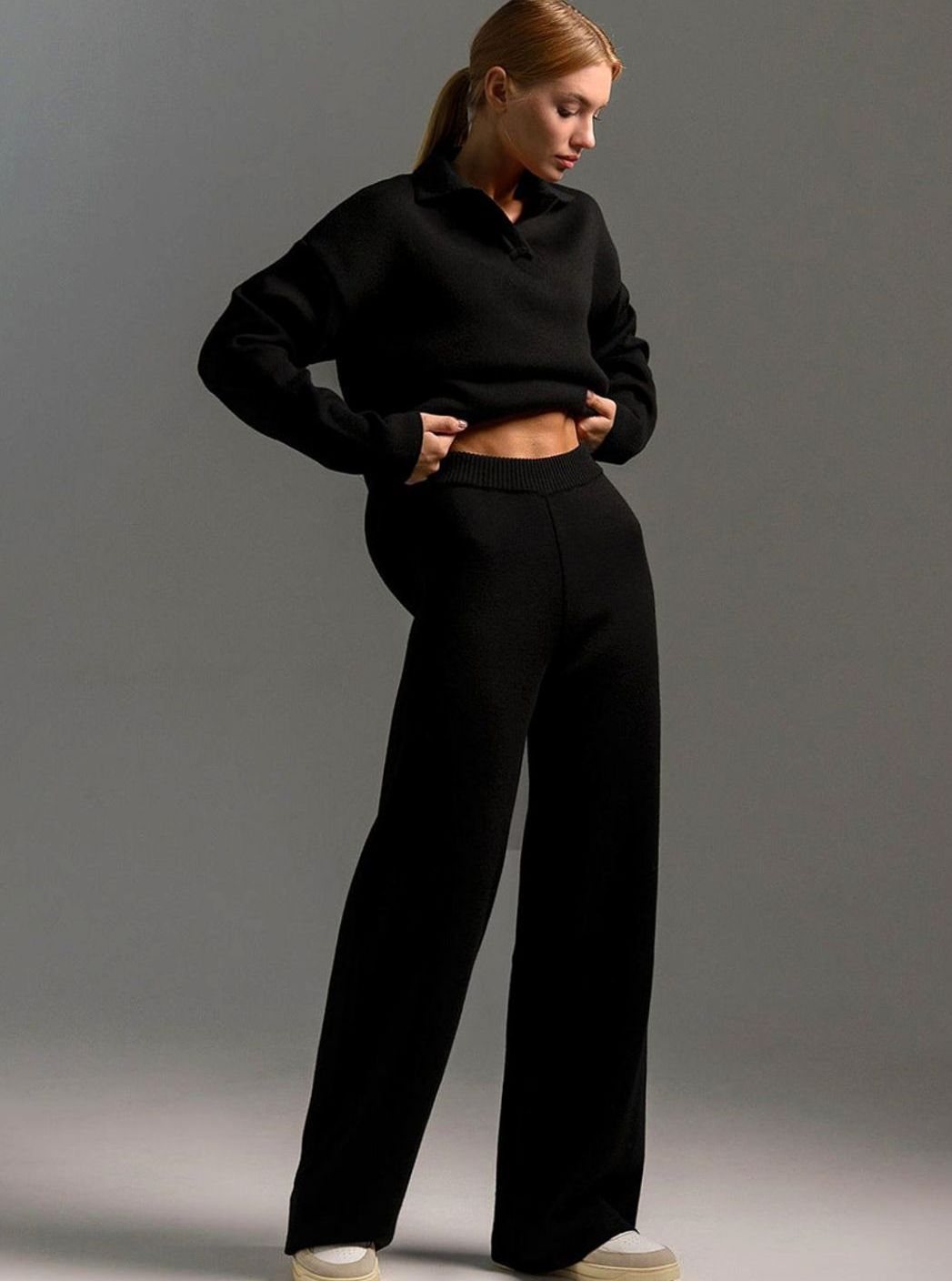 Johanna | Damen Polopullover und Weitbein-Hosen-Set Locker Geschnitten Zweiteilig