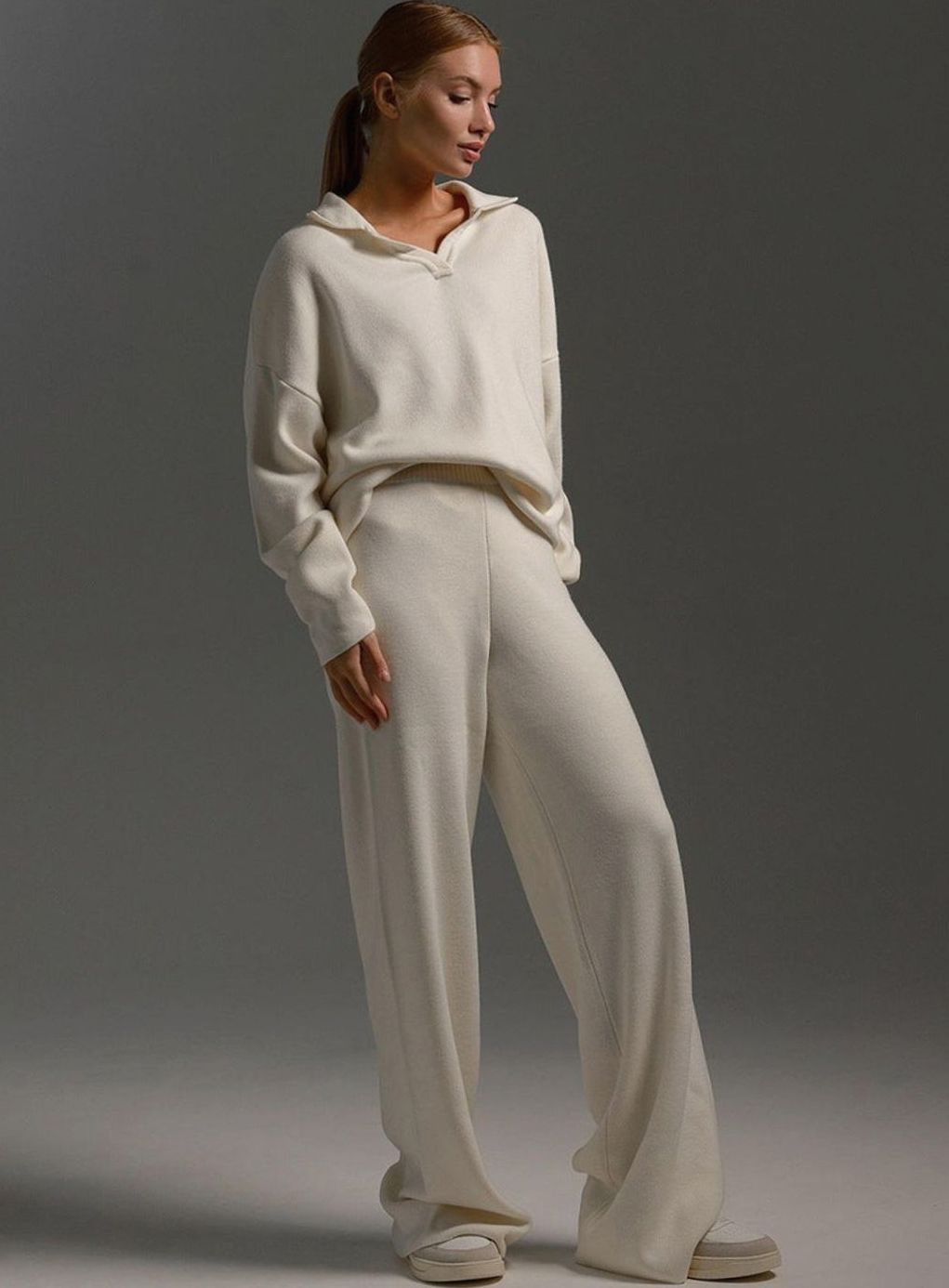Johanna | Damen Polopullover und Weitbein-Hosen-Set Locker Geschnitten Zweiteilig