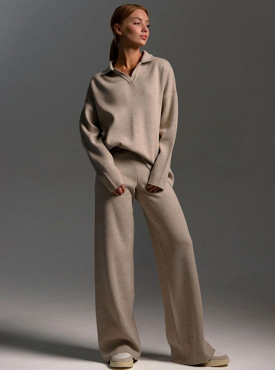 Johanna | Damen Polopullover und Weitbein-Hosen-Set Locker Geschnitten Zweiteilig