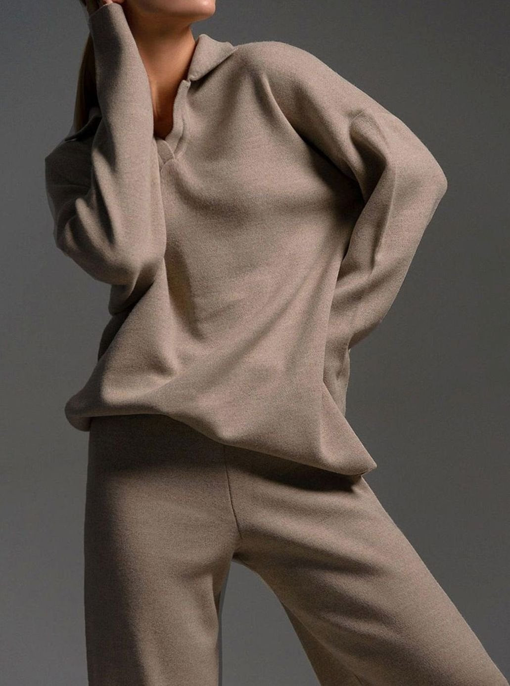 Johanna | Damen Polopullover und Weitbein-Hosen-Set Locker Geschnitten Zweiteilig