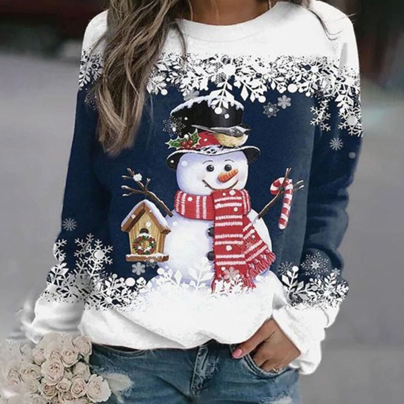Katharina | Damen Weihnachts-Sweatshirt mit Schneemann-Motiv Lockere Passform