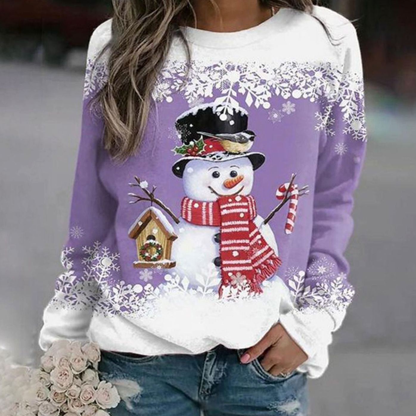 Katharina | Damen Weihnachts-Sweatshirt mit Schneemann-Motiv Lockere Passform
