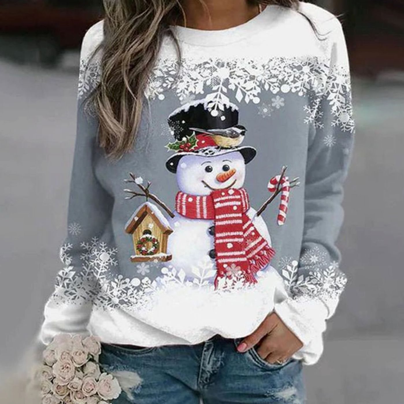 Katharina | Damen Weihnachts-Sweatshirt mit Schneemann-Motiv Lockere Passform