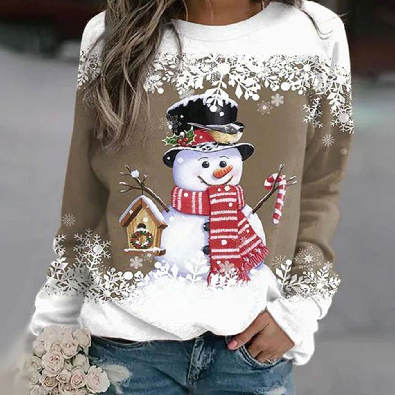 Katharina | Damen Weihnachts-Sweatshirt mit Schneemann-Motiv Lockere Passform