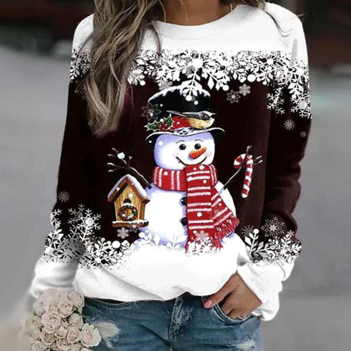 Katharina | Damen Weihnachts-Sweatshirt mit Schneemann-Motiv Lockere Passform