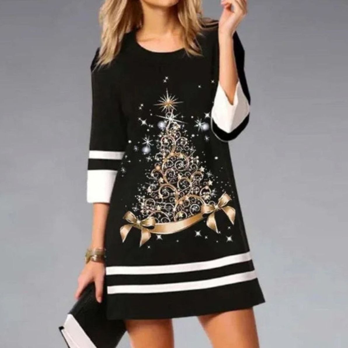 Clara | Damen Weihnachtskleid mit Rentierdruck Pailletten Shift-Kleid