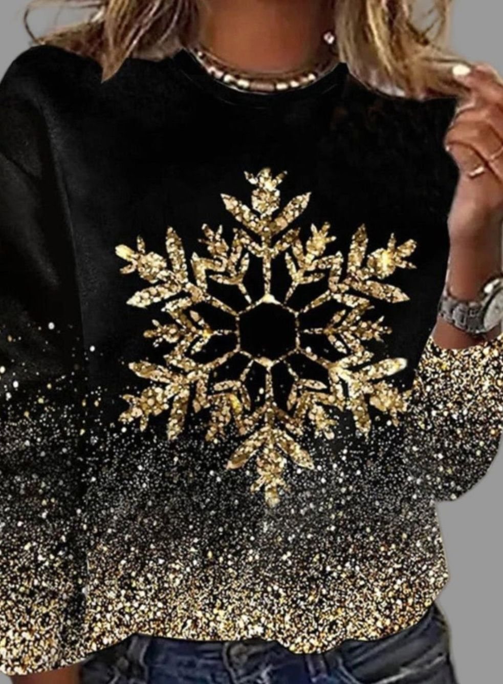 Johanna | Damen Weihnachtspullover mit goldenen Schneeflocken Glitzer Rundhals