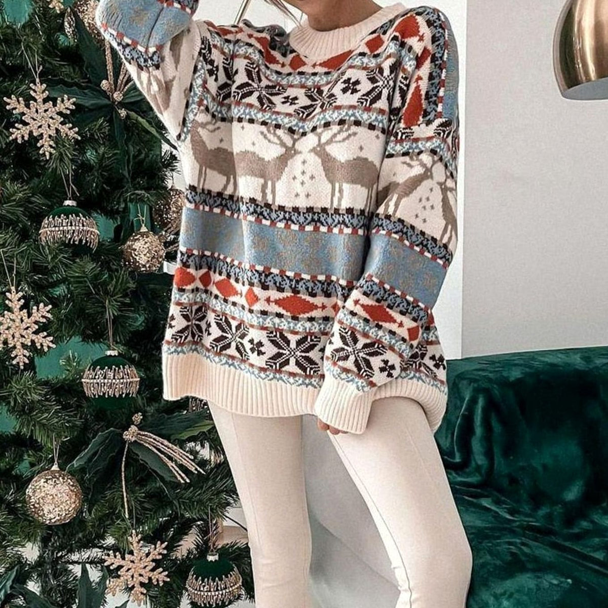 Emilia | Damen Weihnachtspullover mit Rentiermuster Oversized Strickpulli