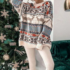 Emilia | Damen Weihnachtspullover mit Rentiermuster Oversized Strickpulli