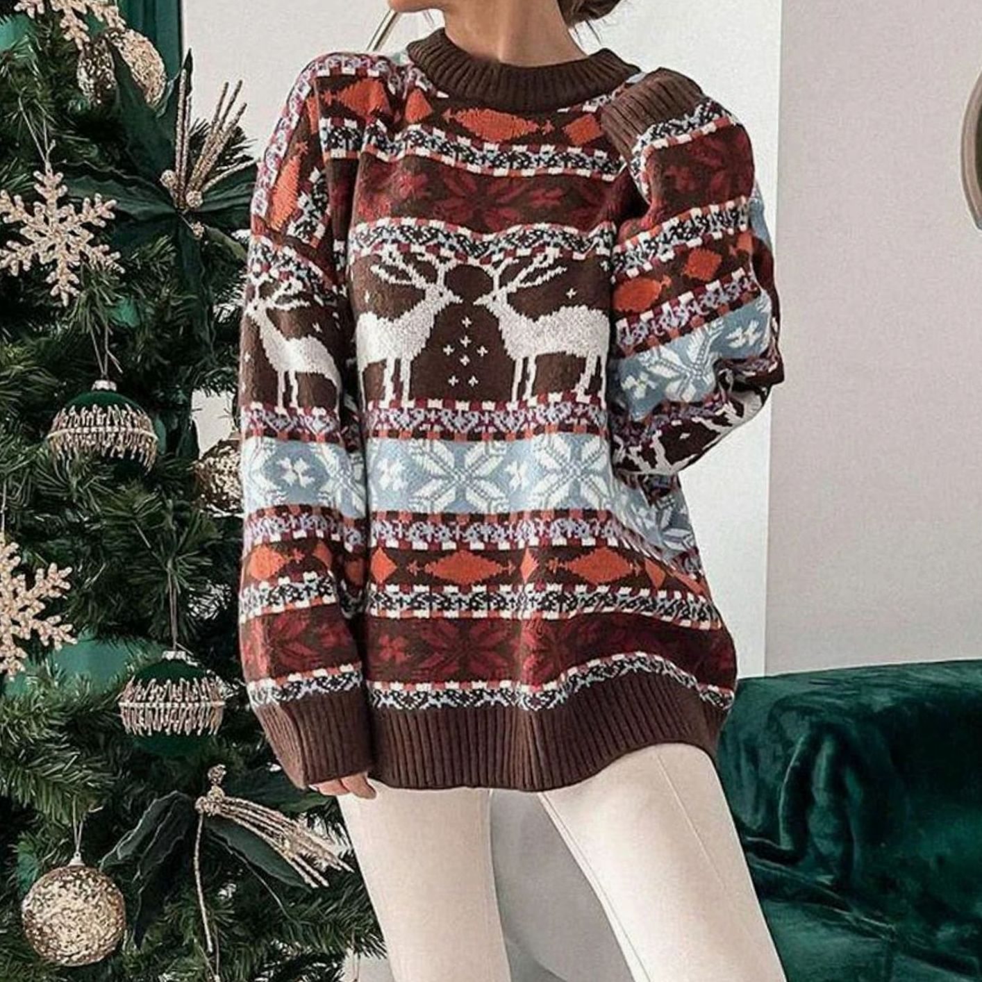 Emilia | Damen Weihnachtspullover mit Rentiermuster Oversized Strickpulli