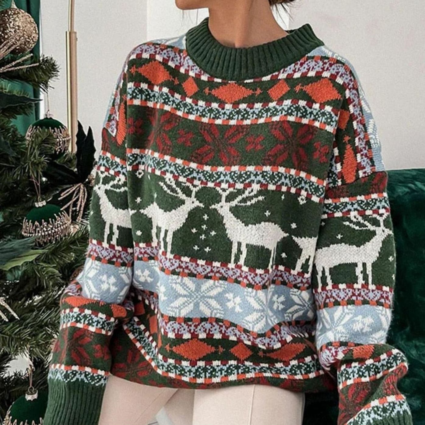 Emilia | Damen Weihnachtspullover mit Rentiermuster Oversized Strickpulli