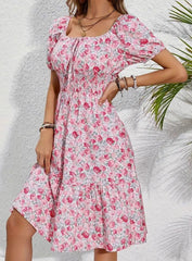 Anna | Dames Bloemenprint Midi-jurk Vierkante Hals Korte Mouw Zomer