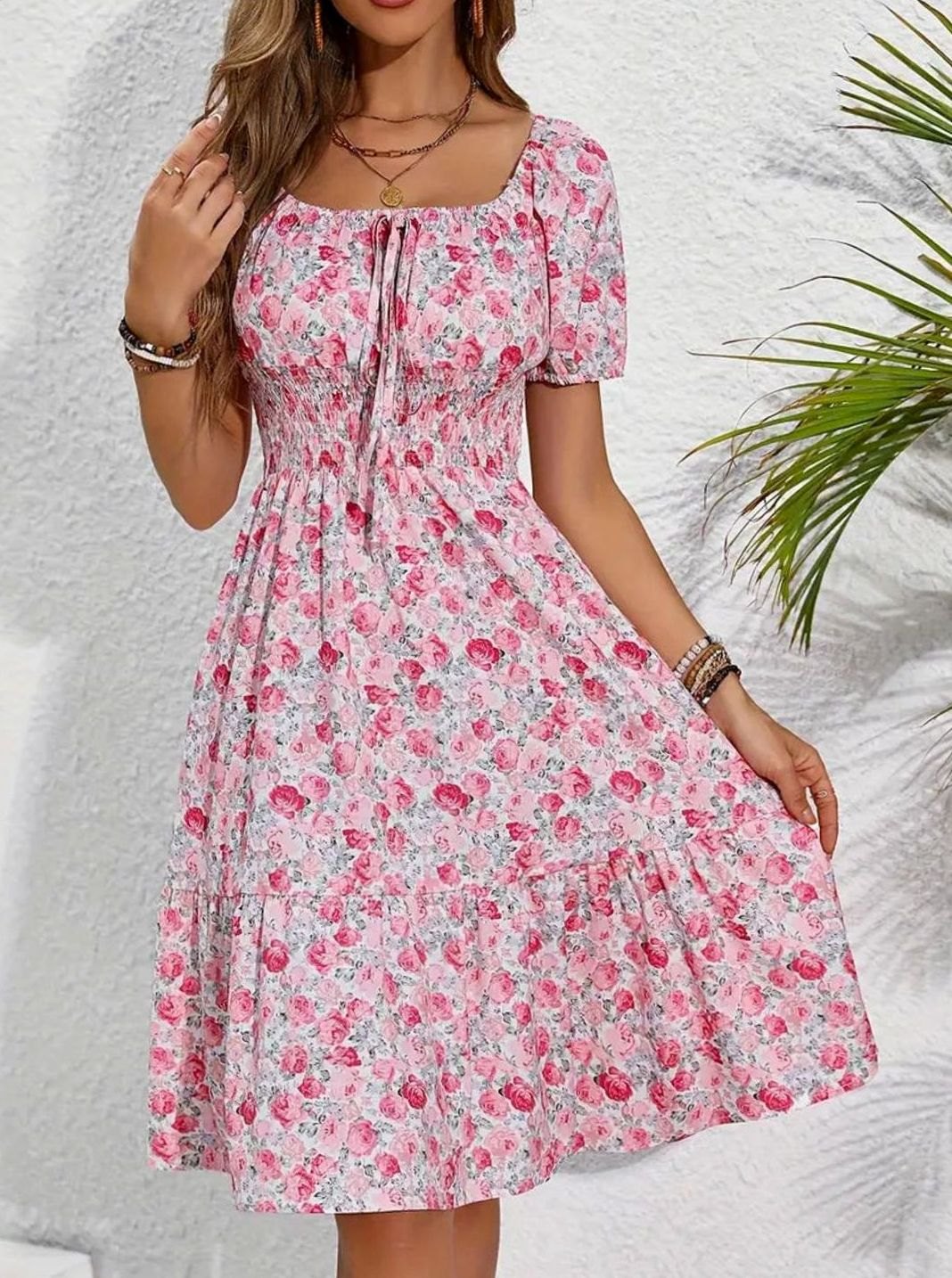 Anna | Dames Bloemenprint Midi-jurk Vierkante Hals Korte Mouw Zomer