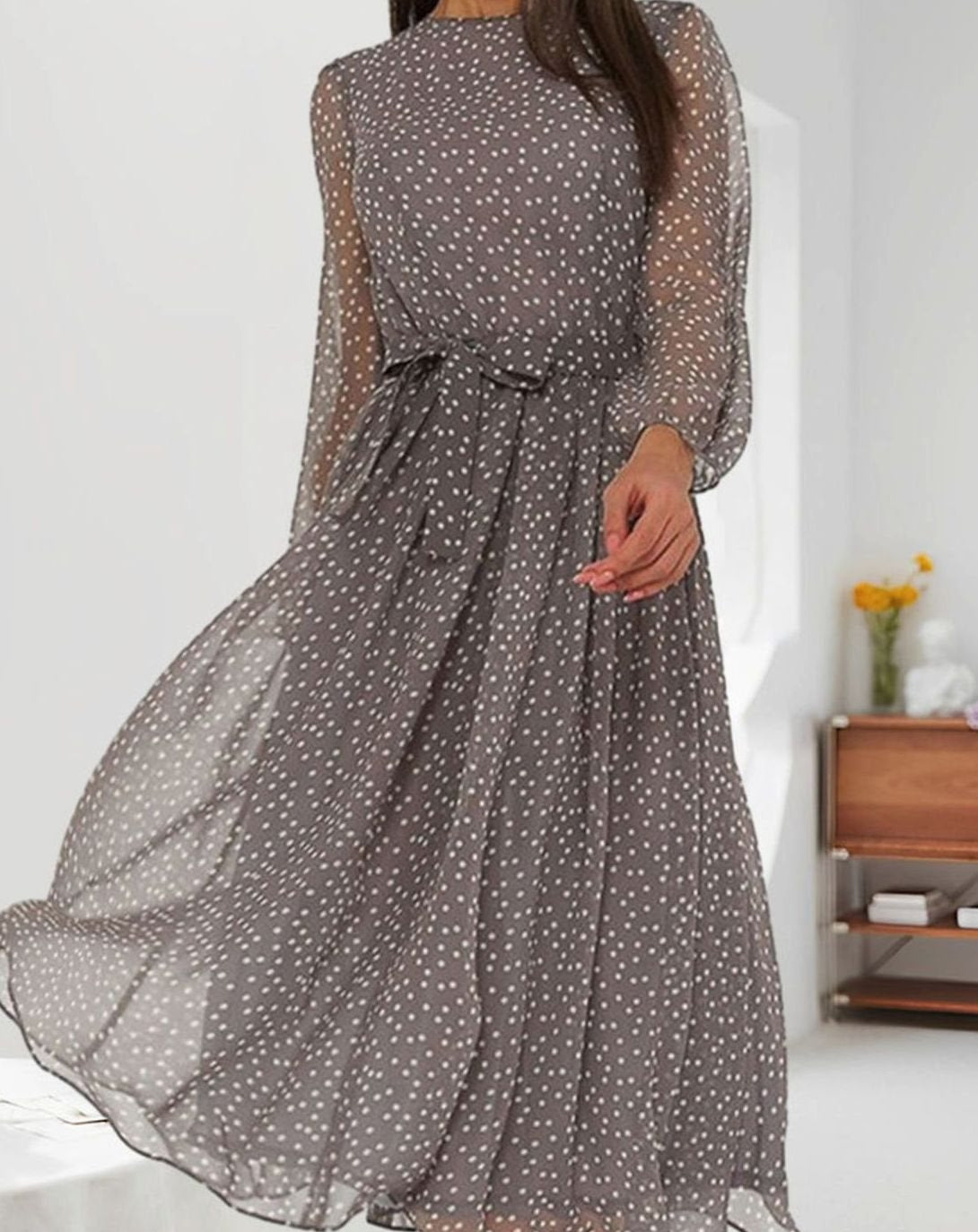 Emma | Dames Elegante A-lijn Jurk Stippenprint Lange Mouwen Strikceintuur