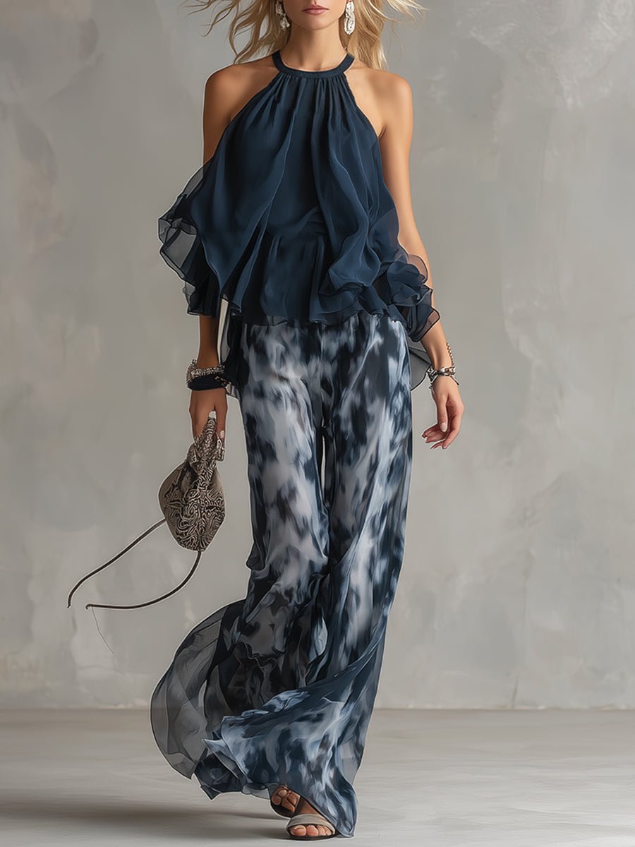 Emma | Dames Halter Wijdbeense Tweedelige Chiffon Broekset