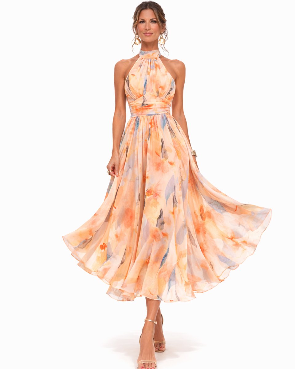 Eva | Dames Halterneck Chiffon Bloemenprint Midi-jurk