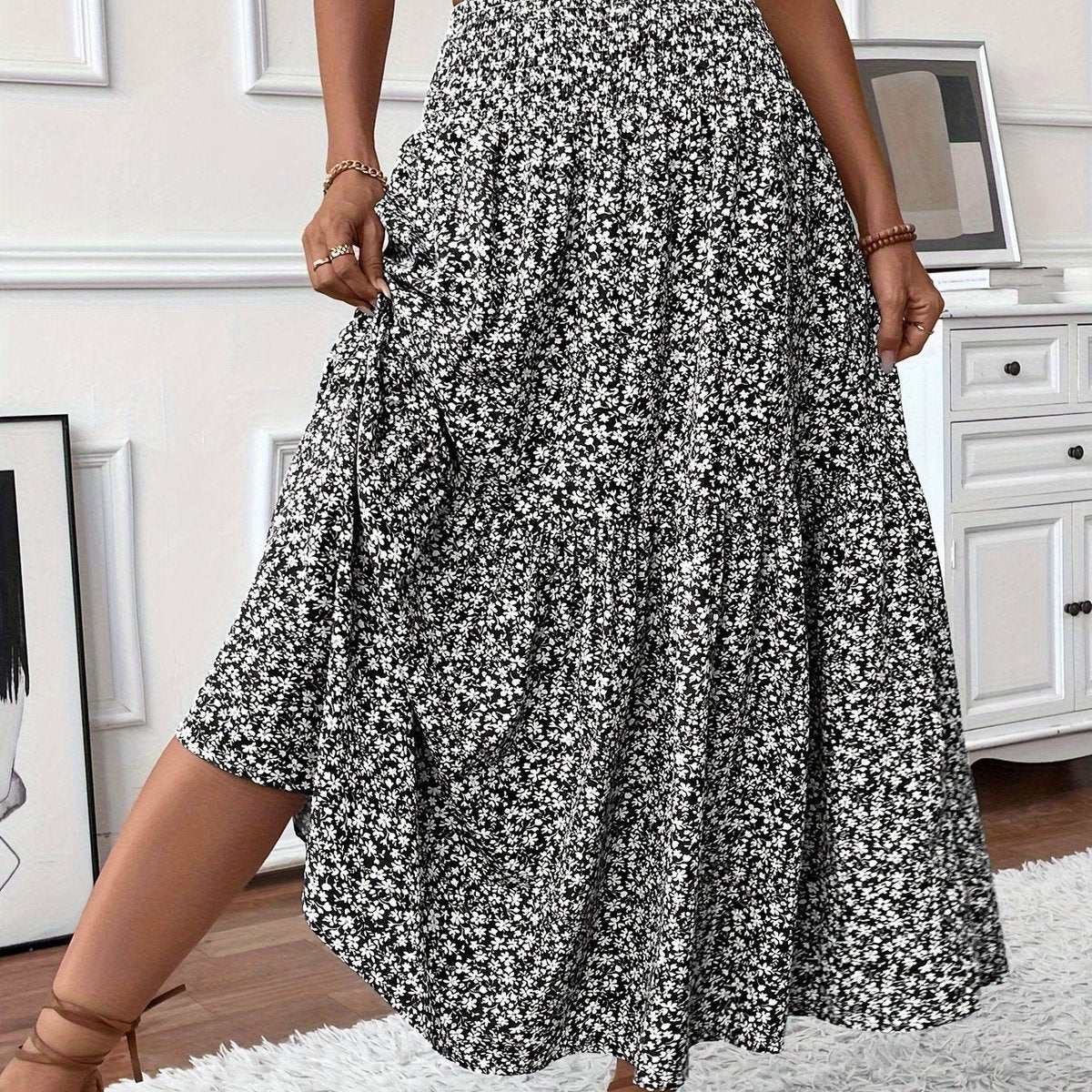 Emma | Dames Hoge Taille Wijdvallende Bloemenprint Midi Rok