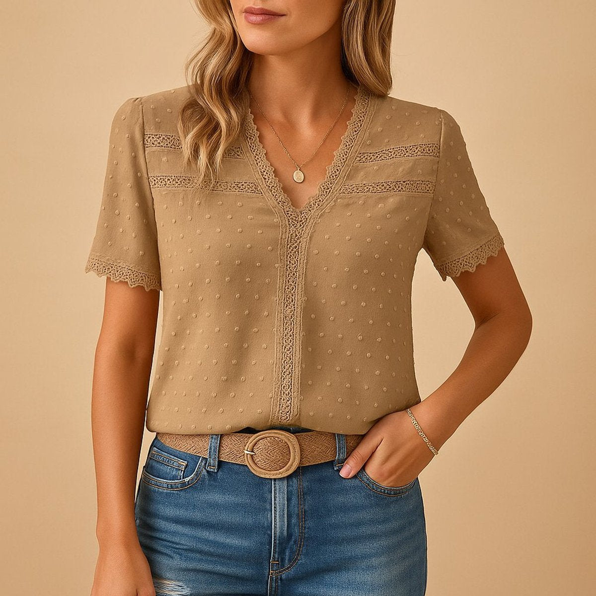 Femke | Dames Kanten V-hals Blouse Swiss Dot Korte Mouw