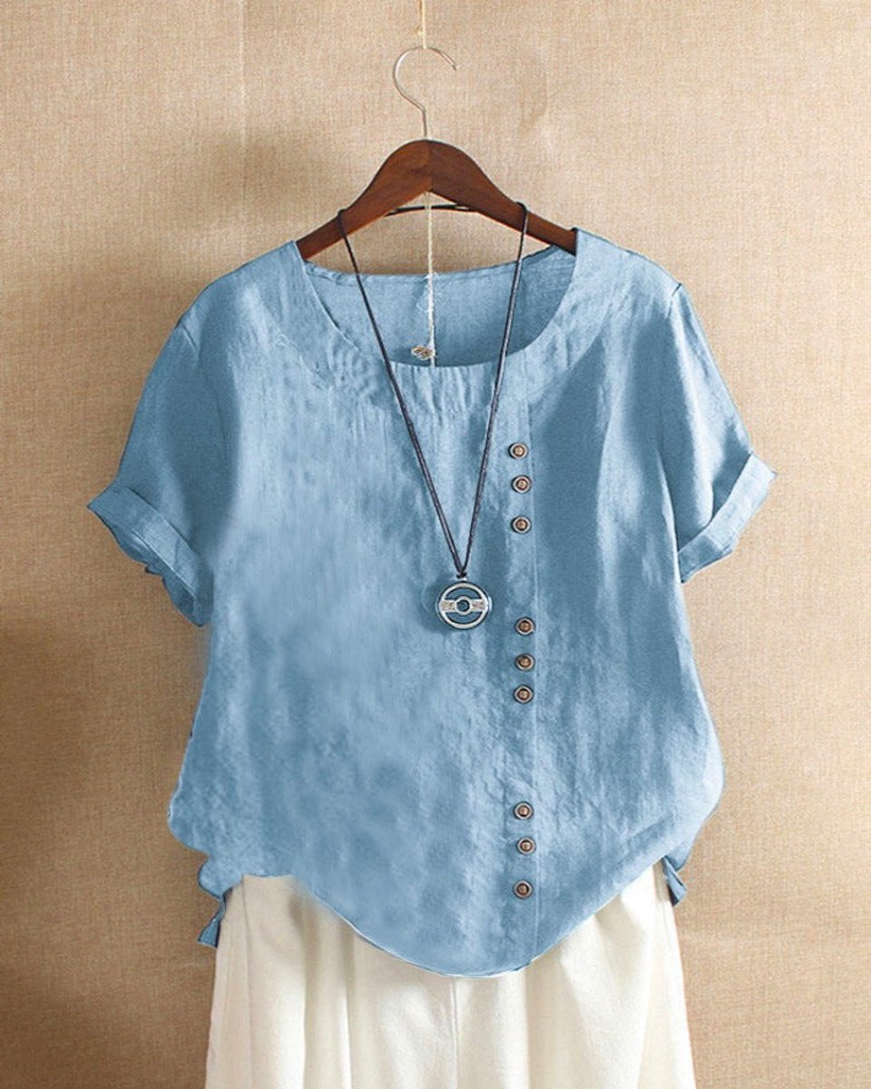 Emma | Dames Losvallende Linnen Blouse Asymmetrische Knoopsluiting