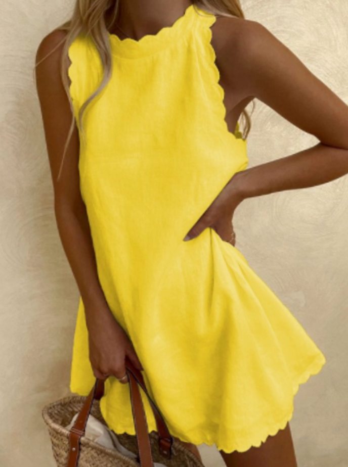 Fleur | Dames Mouwloze Linnen Scallop-rand Mini Zomerjurk