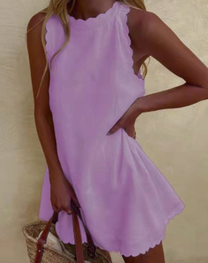 Fleur | Dames Mouwloze Linnen Scallop-rand Mini Zomerjurk