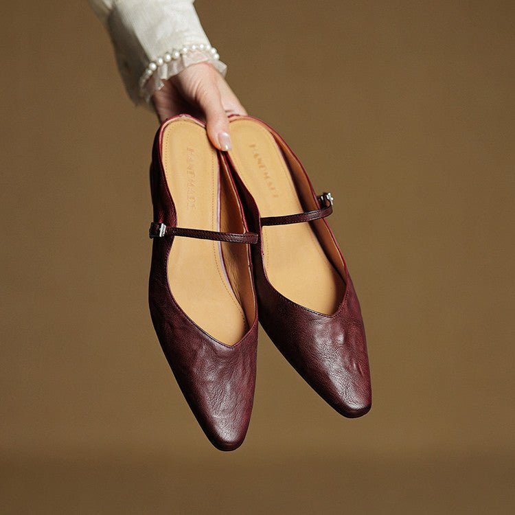 Elin | Dames Spitse Leren Mary Jane Slip-On Mules