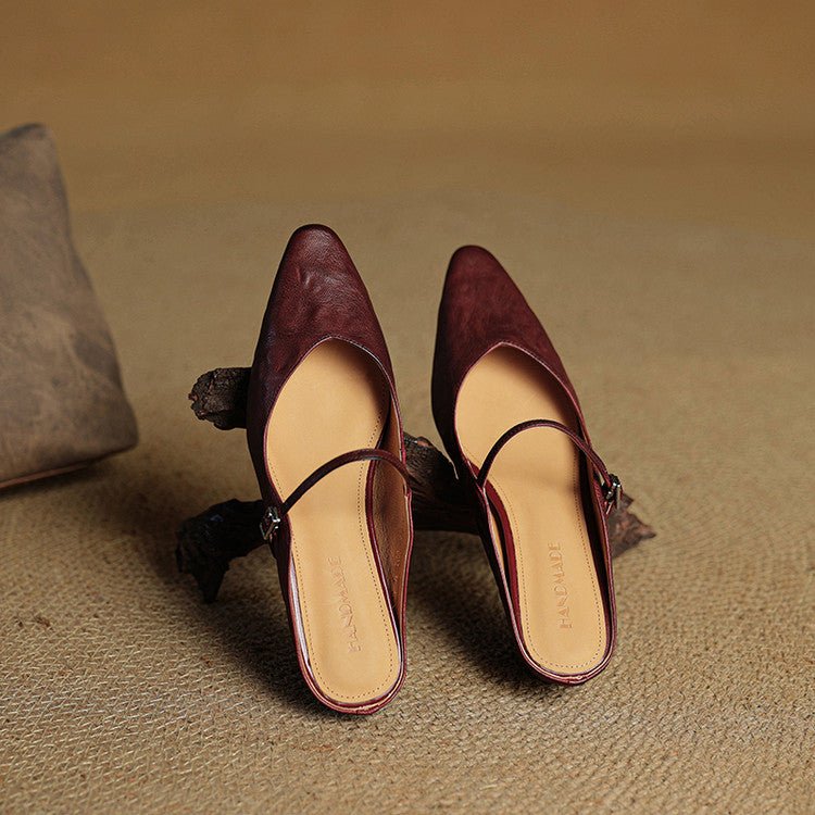 Elin | Dames Spitse Leren Mary Jane Slip-On Mules