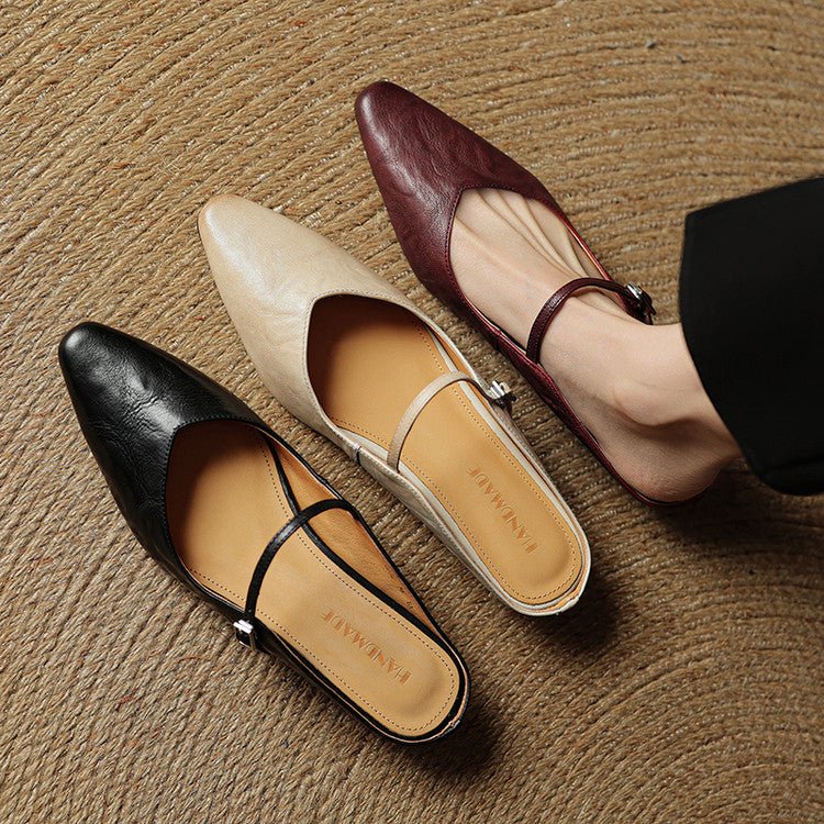 Elin | Dames Spitse Leren Mary Jane Slip-On Mules
