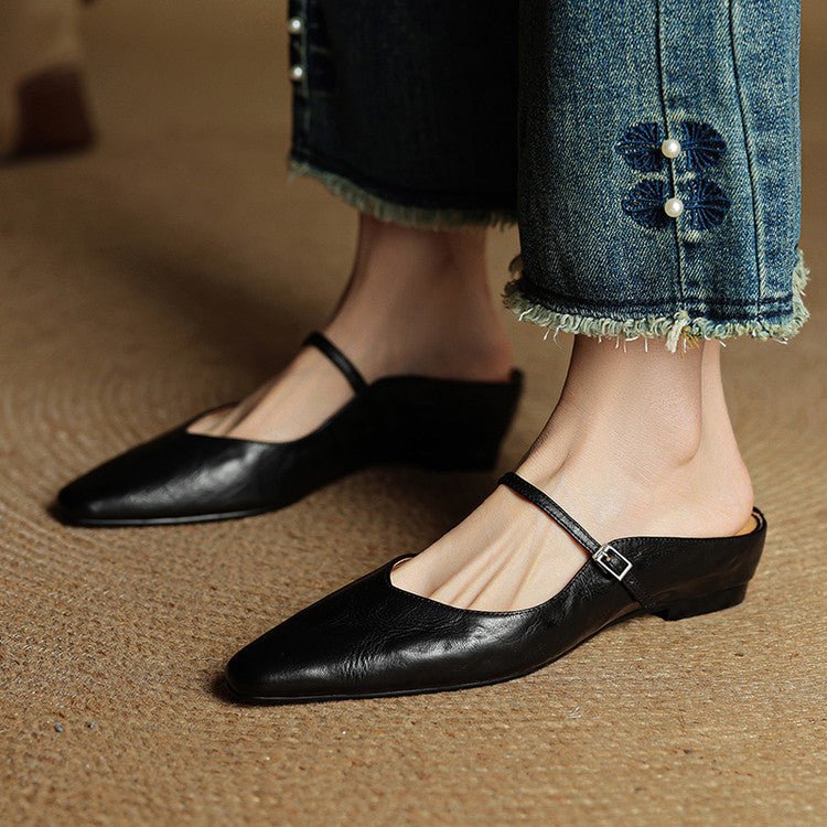 Elin | Dames Spitse Leren Mary Jane Slip-On Mules