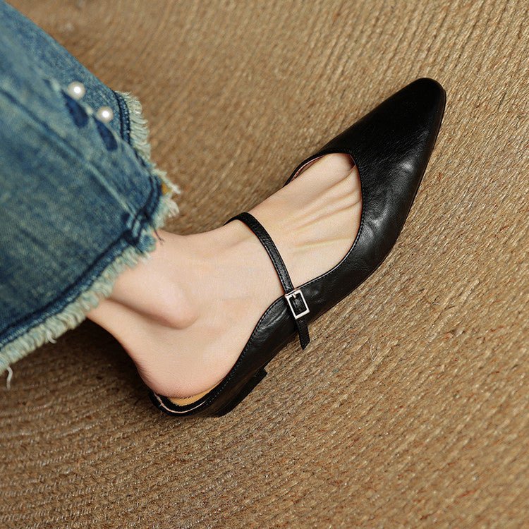 Elin | Dames Spitse Leren Mary Jane Slip-On Mules