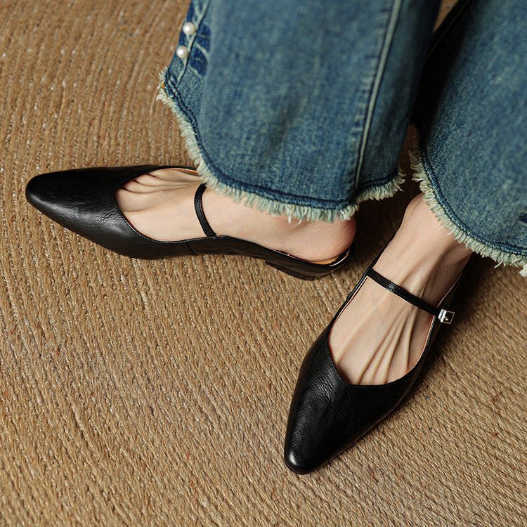 Elin | Dames Spitse Leren Mary Jane Slip-On Mules