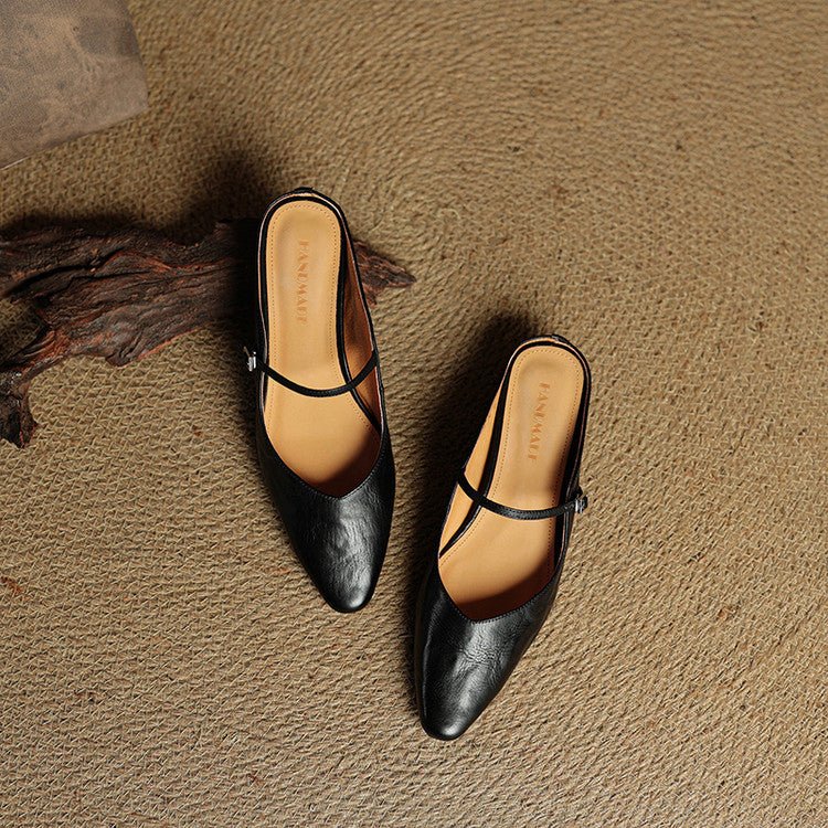 Elin | Dames Spitse Leren Mary Jane Slip-On Mules