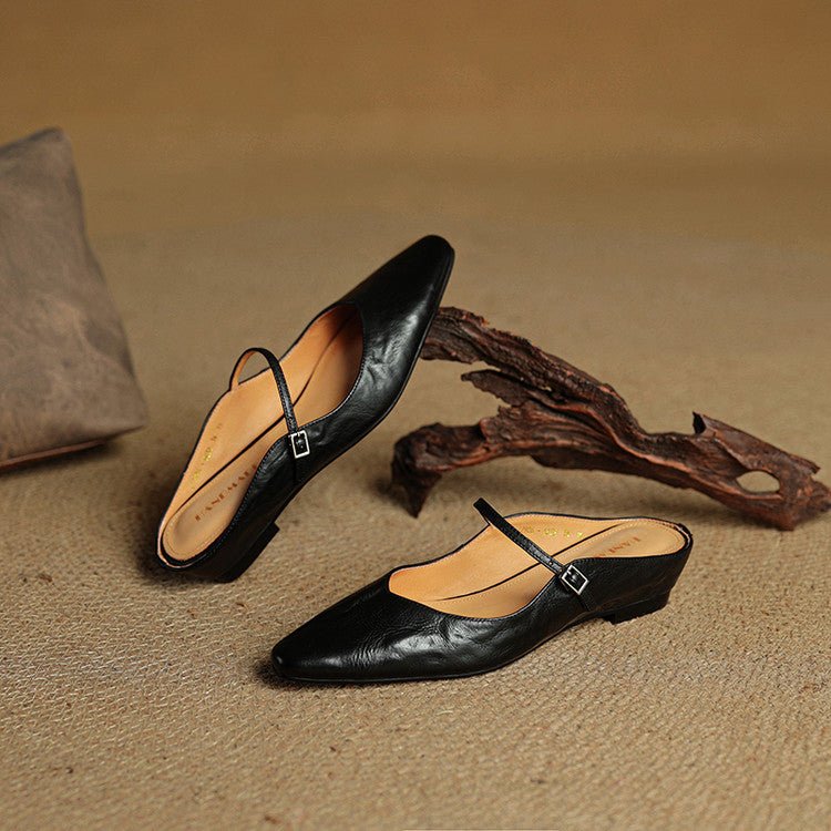 Elin | Dames Spitse Leren Mary Jane Slip-On Mules