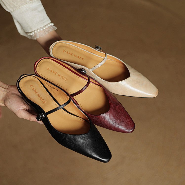 Elin | Dames Spitse Leren Mary Jane Slip-On Mules