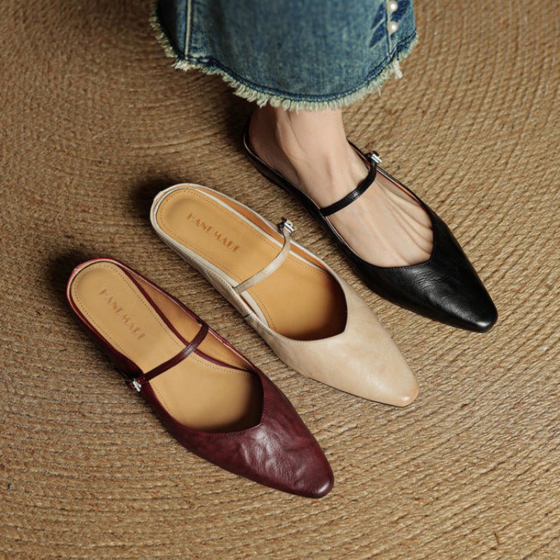 Elin | Dames Spitse Leren Mary Jane Slip-On Mules