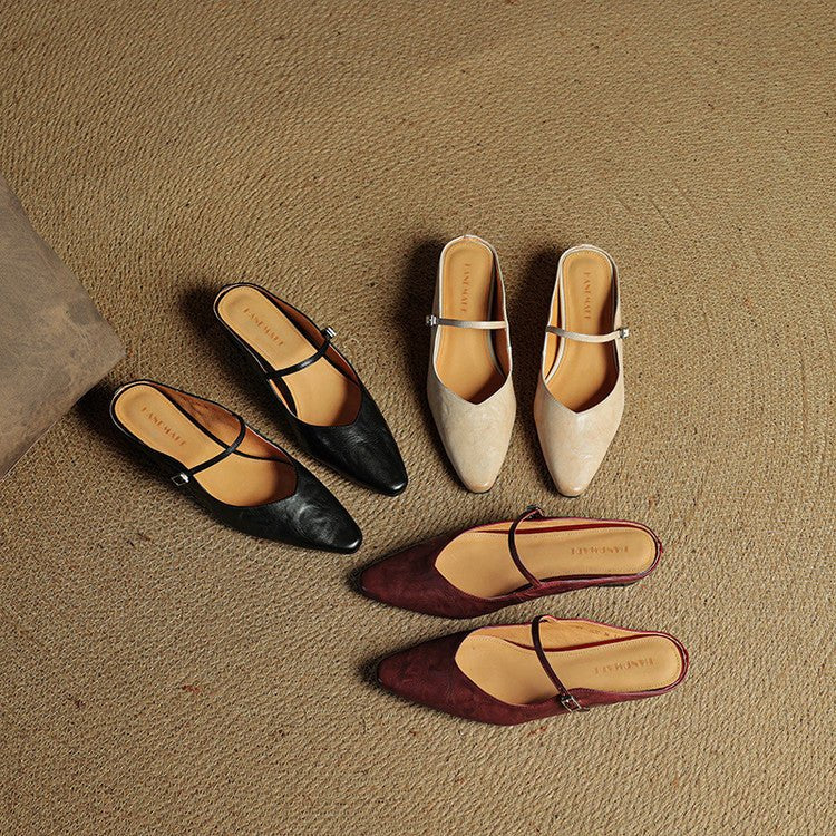 Elin | Dames Spitse Leren Mary Jane Slip-On Mules