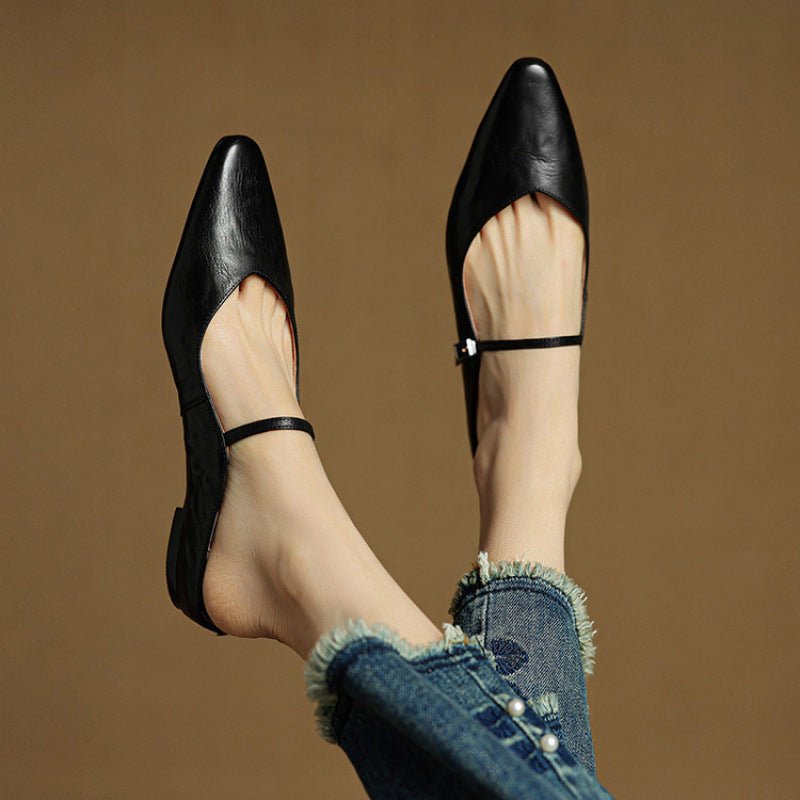 Elin | Dames Spitse Leren Mary Jane Slip-On Mules