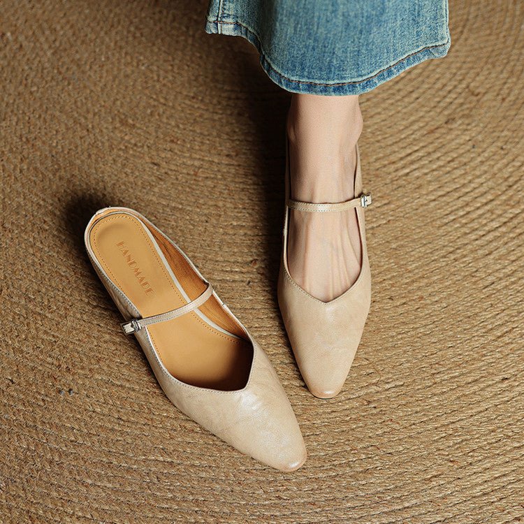 Elin | Dames Spitse Leren Mary Jane Slip-On Mules