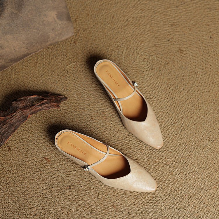 Elin | Dames Spitse Leren Mary Jane Slip-On Mules