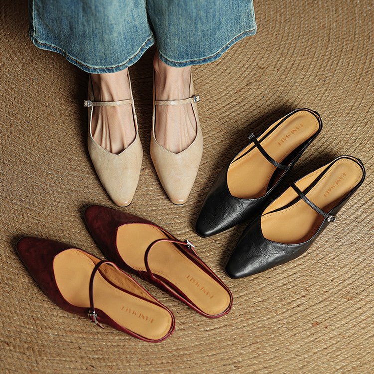 Elin | Dames Spitse Leren Mary Jane Slip-On Mules