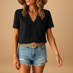 Eva | Dames V-Hals Kanten Korte Mouw Blouse