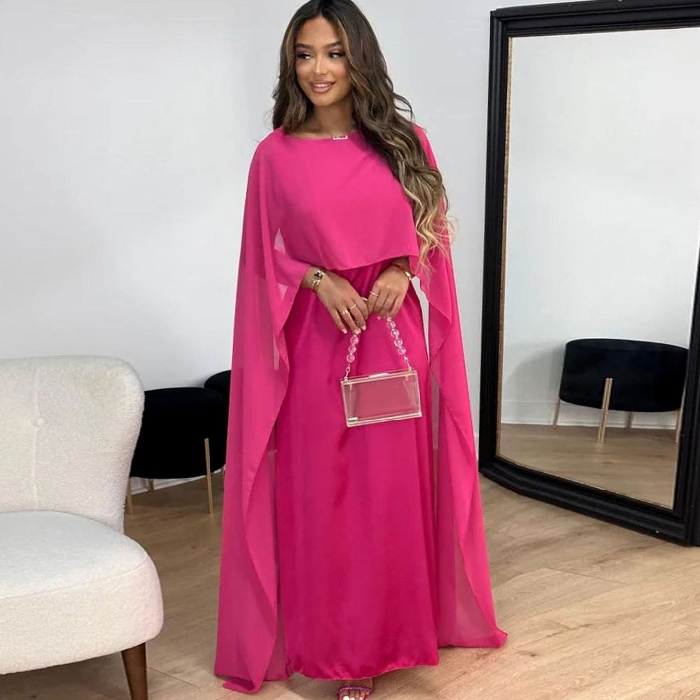 Elin | Elegante Satijnen Maxi Jurk Dames met Cape Mouwen