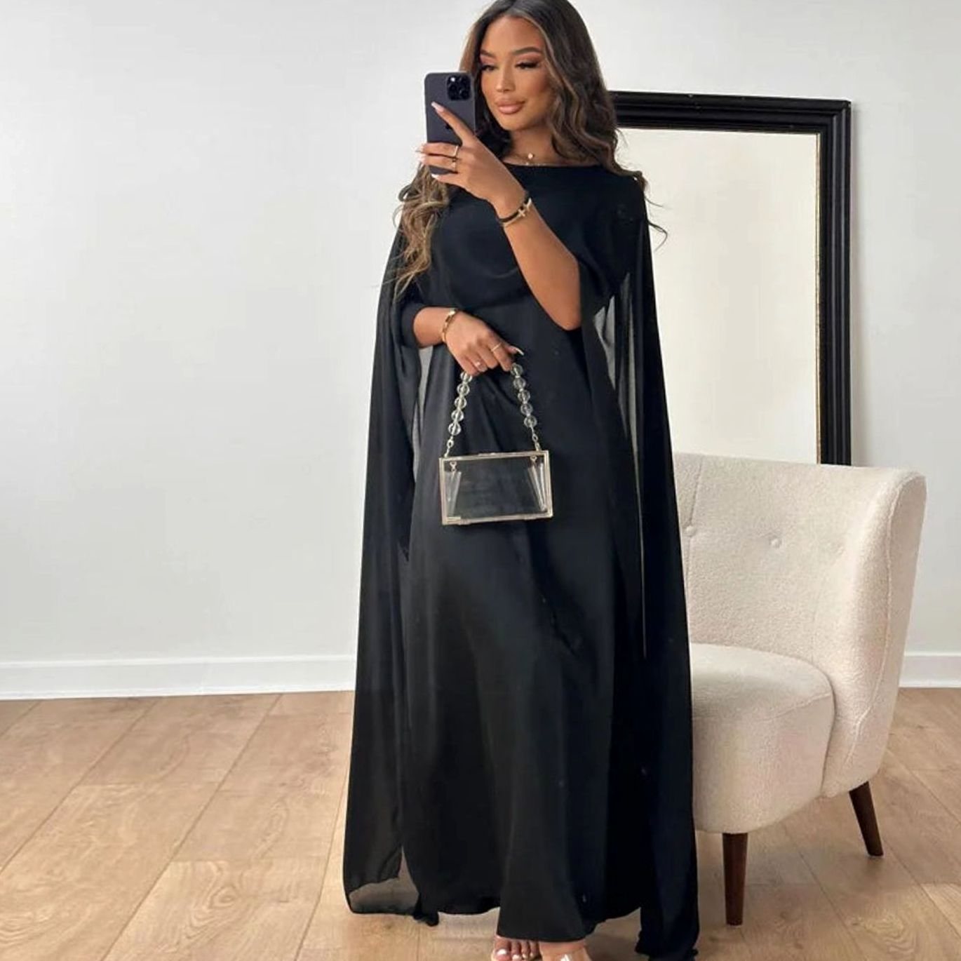 Elin | Elegante Satijnen Maxi Jurk Dames met Cape Mouwen