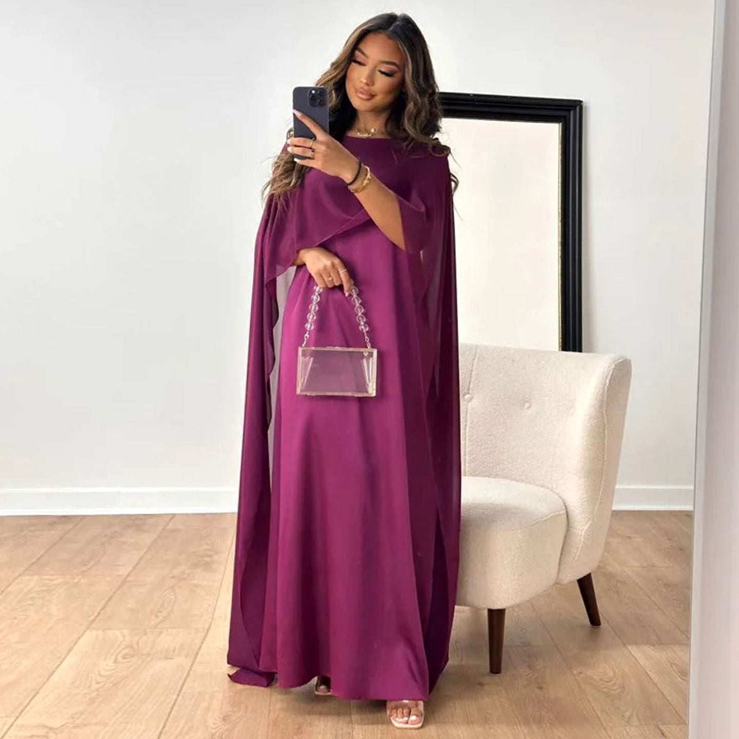 Elin | Elegante Satijnen Maxi Jurk Dames met Cape Mouwen