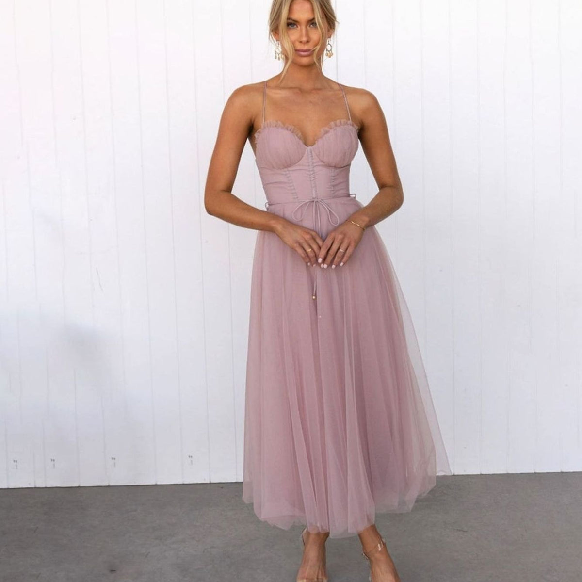 Femke | Elegante Tule Midi Jurk Dames Corset Spaghettiband