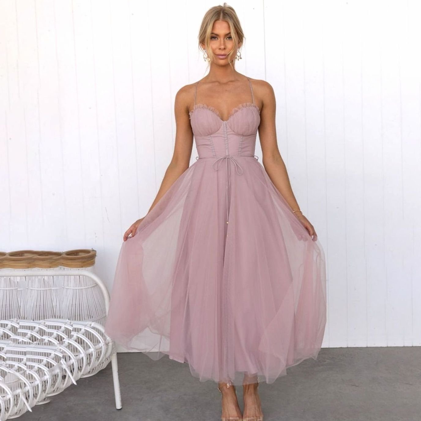 Femke | Elegante Tule Midi Jurk Dames Corset Spaghettiband