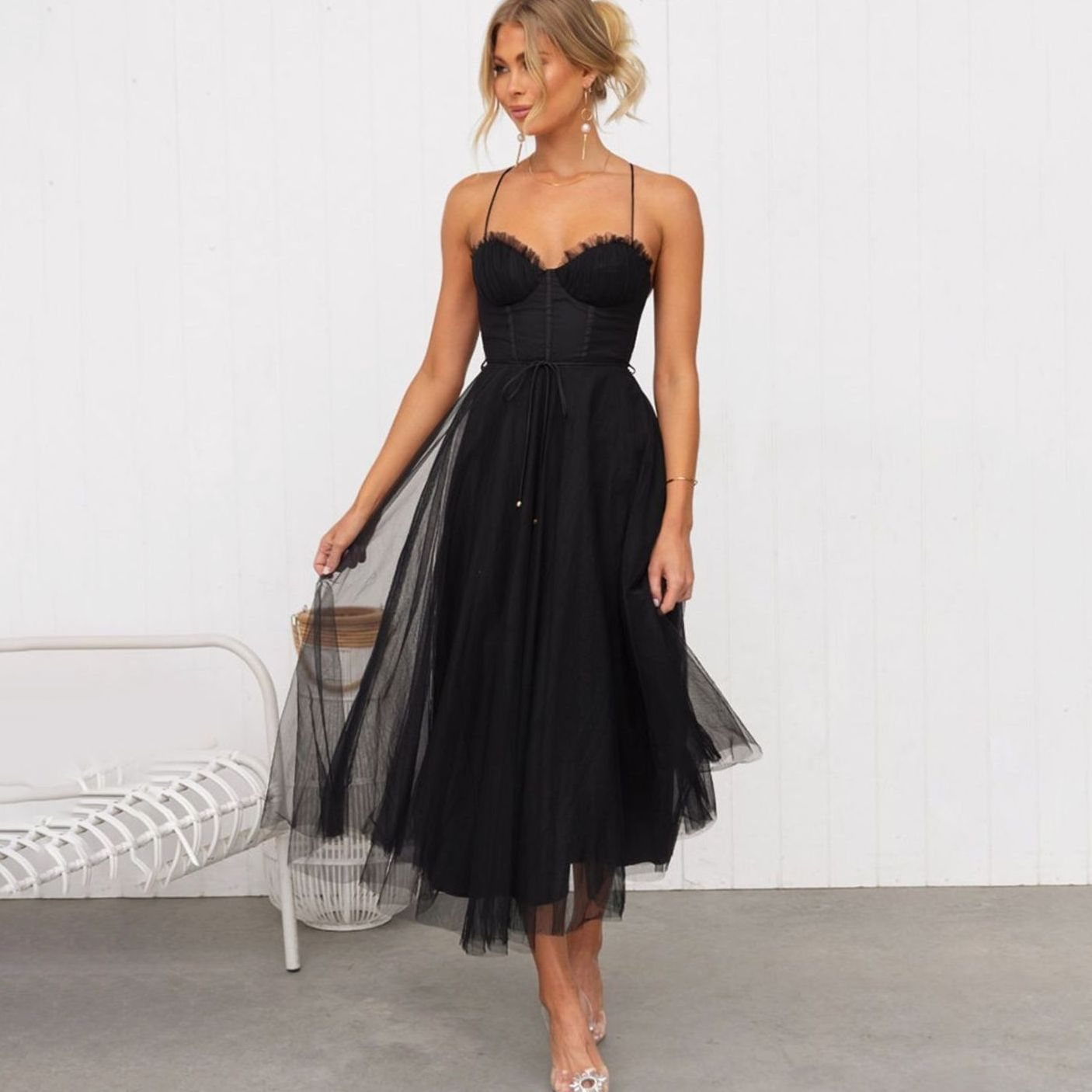 Femke | Elegante Tule Midi Jurk Dames Corset Spaghettiband