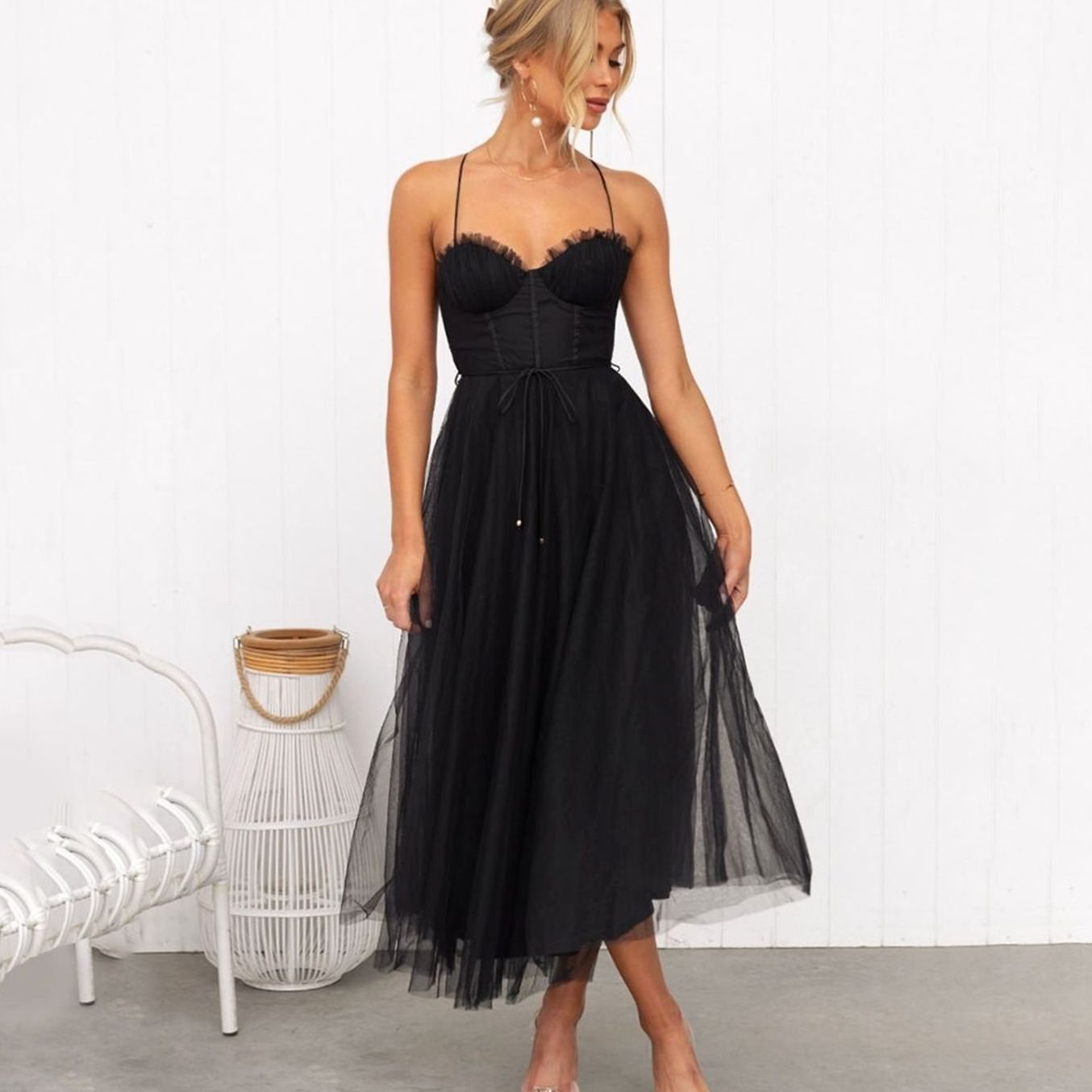 Femke | Elegante Tule Midi Jurk Dames Corset Spaghettiband