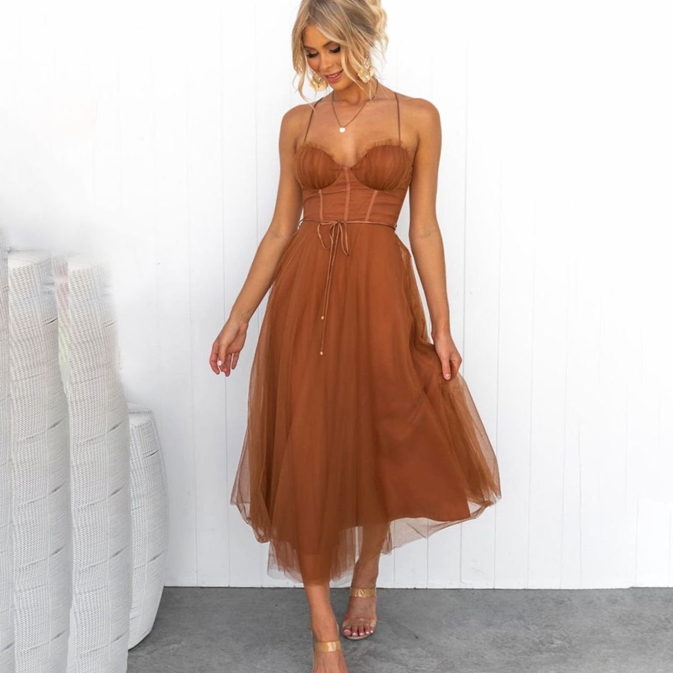 Femke | Elegante Tule Midi Jurk Dames Corset Spaghettiband